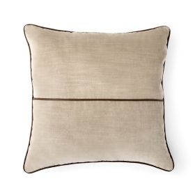 18" x 18" Beige Velvet With Faux Leather Trim Polyester Decorative Pillow