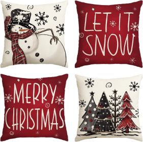 Merry Christmas Snowman Let It Snow Throw Pillow Covers, 18 x 18 Inch Xmas Tree Winter Holiday Cushion Case Decoration for Sofa Couch Set of 4