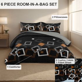 6 Piece Soft All-Season Washed Microfiber And Viscose Comforter Set ,  With Comforter, Sheet, Pillowcases & Shams, Print, Flowerd, Moisture-Wicki (Color: black geometry, size: KING)